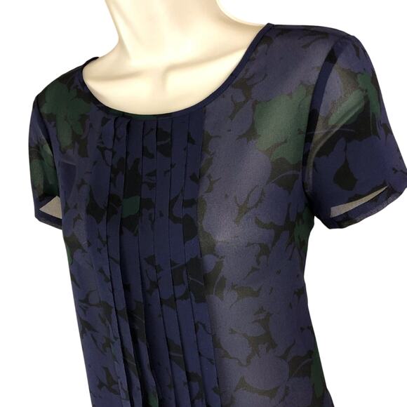 Ann Taylor Loft Purple Black Green Floral Short Sleeve Top Feminine Ruffle Front - Picture 12 of 16